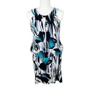 London Times Dress Women 6 Sleeveless White Black Green Floral Stretch Mini